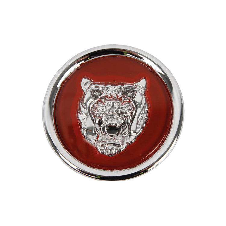 Road Wheel Centre Badge - Silver/Ruby, Road Wheel Centre Badge - Chrome Rimmed, Silver Growler Head Logo On A Ruby Background.