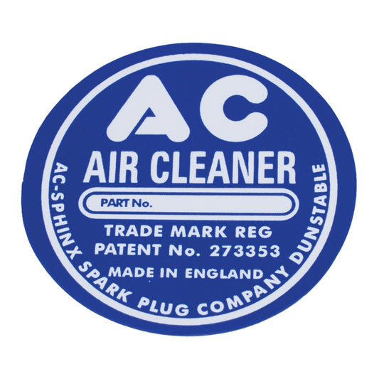 Ac Air Cleaner Decal - Round Decal, White Lettering On A Blue Background. "Ac Sphinx Spark Plug Company - Dunstable. Made In England"