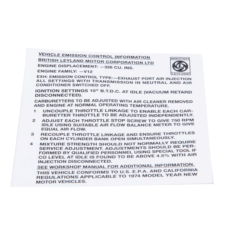 1974 Emissions Decal, Information On Emission Control From The British Leyland Motor Corporation Ltd.